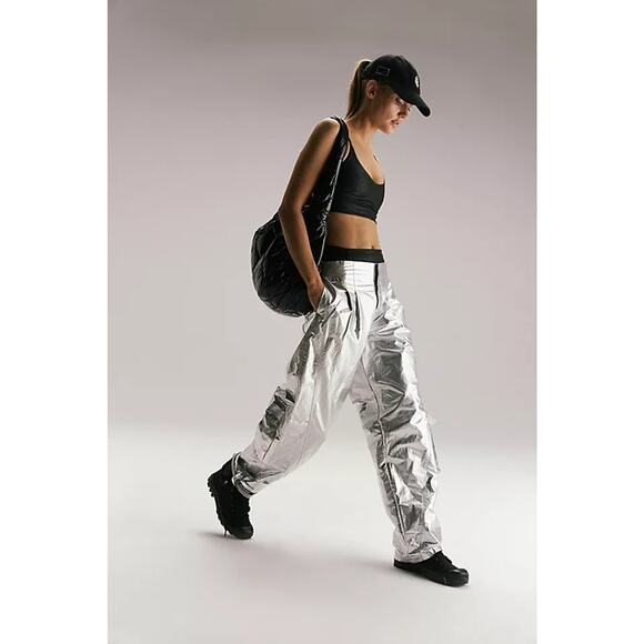 Free People Y2K Pockets Cargo Wide Mesmerize Me Preppy Pants Metallic M A004045 - Picture 3 of 12